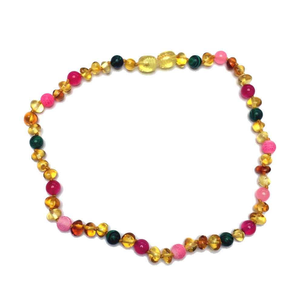 45cm Amber and Semi Precious Stone necklace - PINK